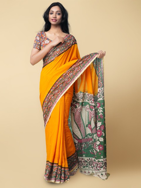 

Unnati Silks Orange & White Kalamkari Pure Cotton Saree