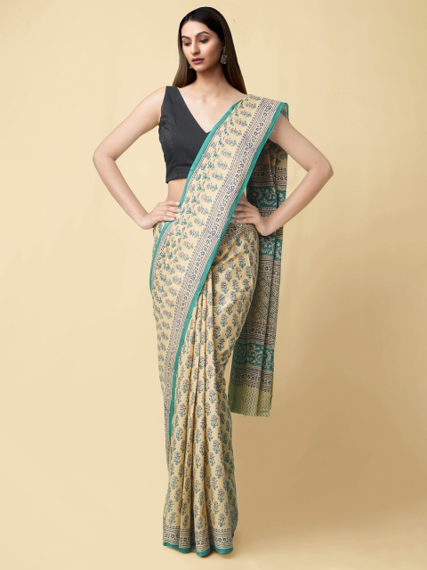 

Unnati Silks Cream-Coloured & Sea Green Floral Pure Cotton Block Print Saree