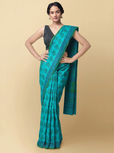 

Unnati Silks Women Sea Green & Blue Pure Block Printed Kerala Cotton Sustainable Saree