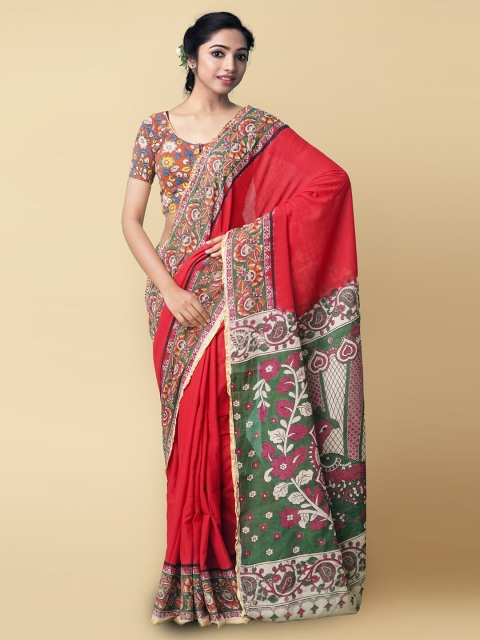

Unnati Silks Red & Green Kalamkari Pure Cotton Saree