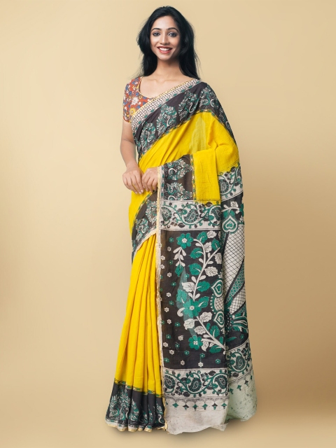 

Unnati Silks Yellow & Black Kalamkari Pure Cotton Saree