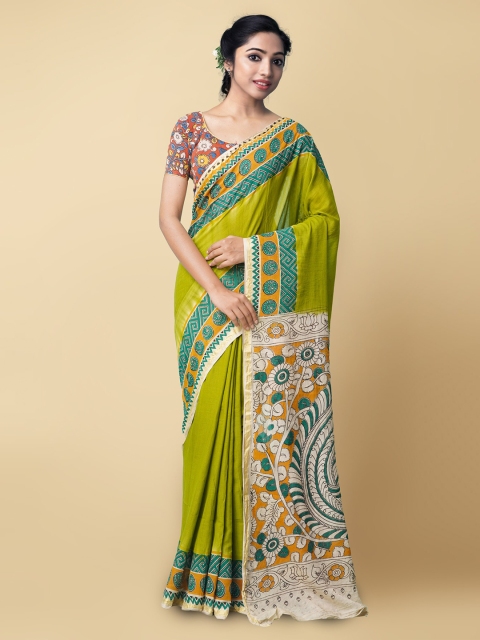 

Unnati Silks Lime Green & Mustard Kalamkari Pure Cotton Saree