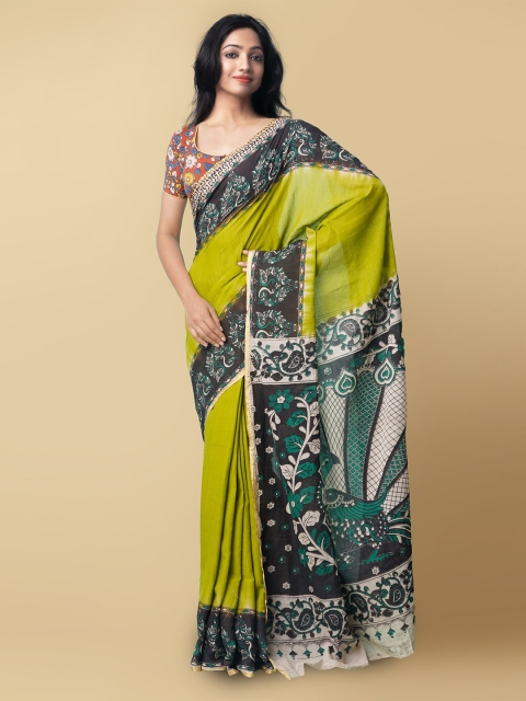 

Unnati Silks Green & Black Kalamkari Pure Cotton Saree