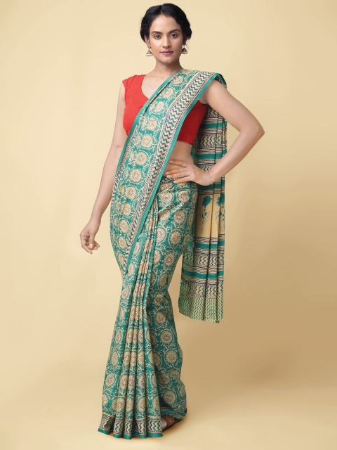 

Unnati Silks Green & Cream-Coloured Floral Pure Cotton Block Print Saree