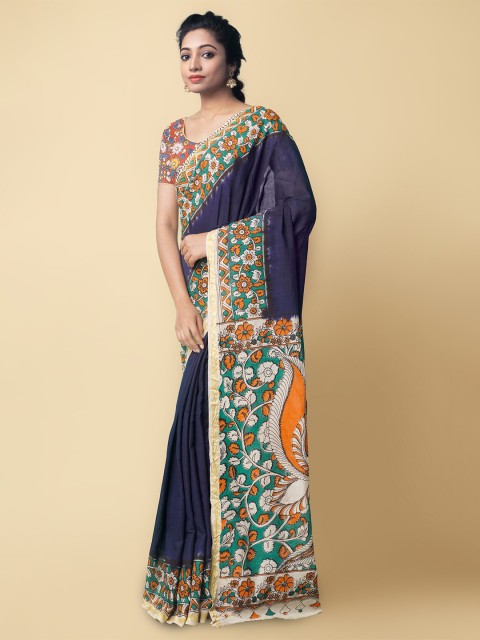 

Unnati Silks Navy Blue & Sea Green Kalamkari Pure Cotton Saree