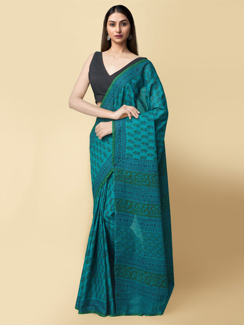 

Unnati Silks Sea Green & Black Floral Pure Cotton Block Print Saree