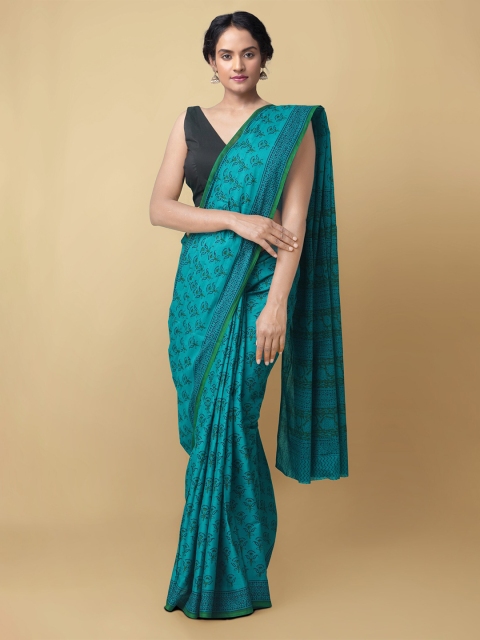 

Unnati Silks Sea Green & Blue Floral Pure Cotton Block Print Saree