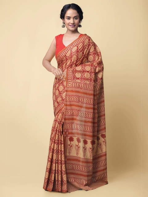 

Unnati Silks Brown & Beige Floral Pure Cotton Block Print Saree