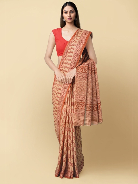 

Unnati Silks Brown & Cream-Coloured Floral Pure Cotton Block Print Saree
