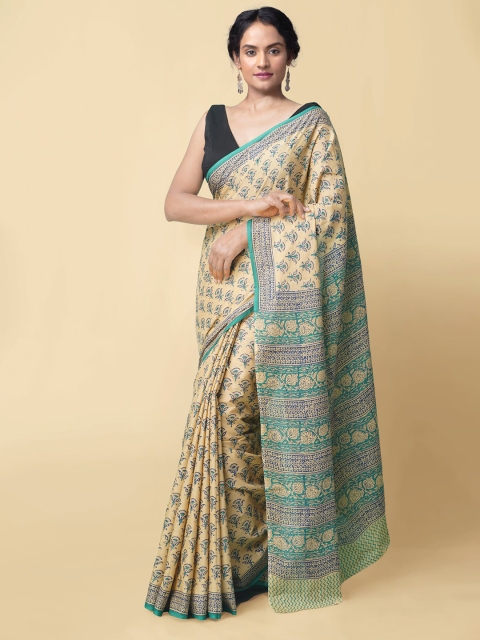 

Unnati Silks Brown & Sea Green Floral Pure Cotton Block Print Saree