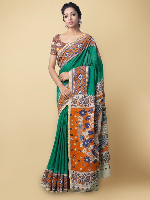 

Unnati Silks Green & Orange Kalamkari Pure Cotton Saree