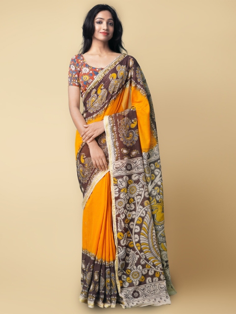

Unnati Silks Yellow & Brown Kalamkari Pure Cotton Saree