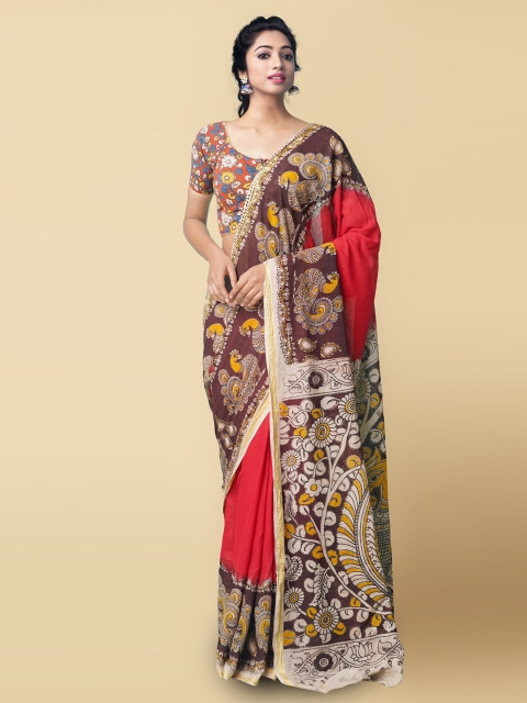 

Unnati Silks Red & Brown Kalamkari Pure Cotton Saree