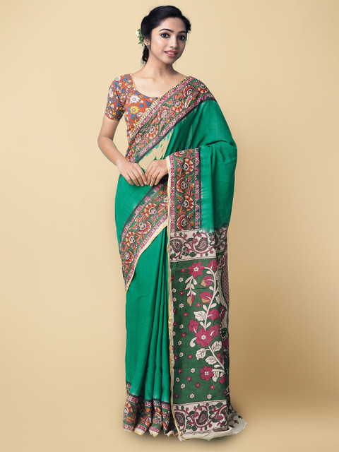 

Unnati Silks Green & Pink Kalamkari Pure Cotton Saree