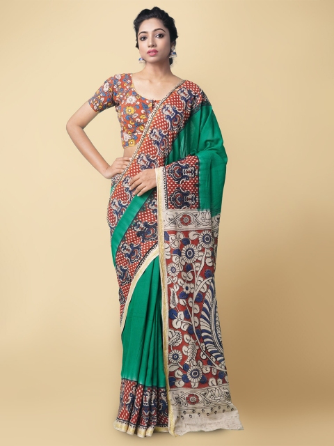 

Unnati Silks Green & Brown Kalamkari Pure Cotton Saree