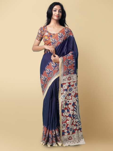 

Unnati Silks Navy Blue & Red Kalamkari Pure Cotton Saree