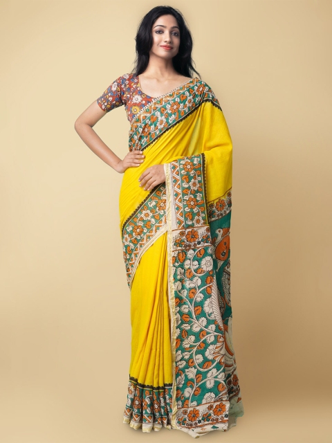 

Unnati Silks Yellow & Green Kalamkari Pure Cotton Saree