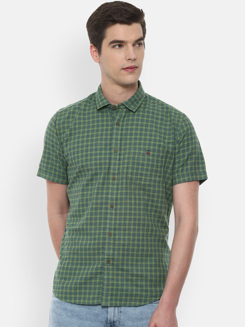 

Louis Philippe Jeans Men Green Slim Fit Opaque Checked Pure Cotton Casual Shirt