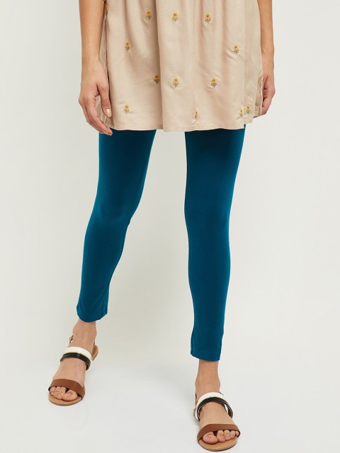 

max Women Teal Blue Solid Ankle-Length Leggings