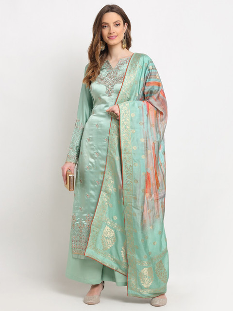 

Stylee LIFESTYLE Green & Gold-Toned Embellished Satin Unstitched Dress Material