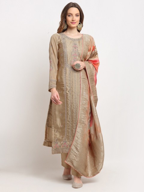 

Stylee LIFESTYLE Beige & Red Embroidered Satin Unstitched Dress Material