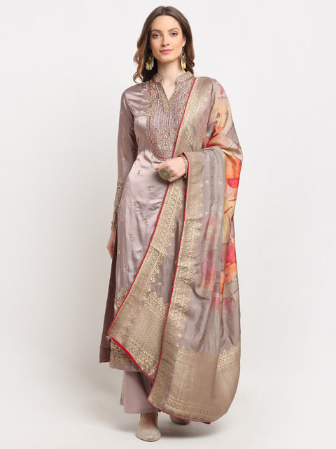 

Stylee LIFESTYLE Pink & Gold-Toned Embellished Satin Unstitched Dress Material