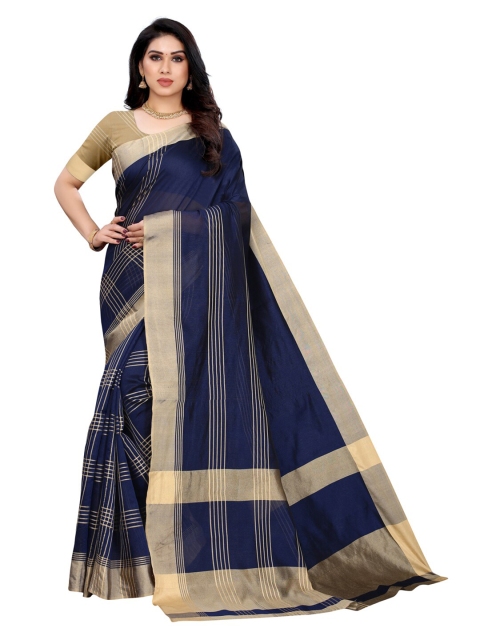 

KALINI Navy Blue & Beige Striped Polycotton Saree