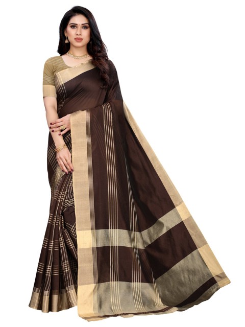

KALINI Brown & Gold-Toned Striped Polycotton Saree