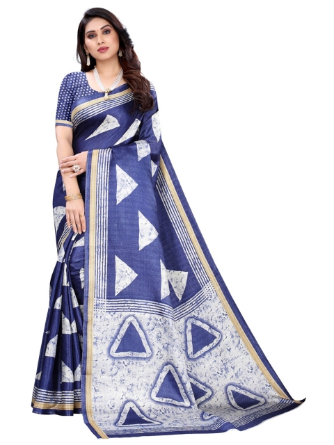 

KALINI Navy Blue & White Printed Art Silk Saree