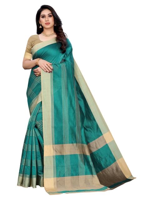 

KALINI Teal & Beige Checked Poly Cotton Saree