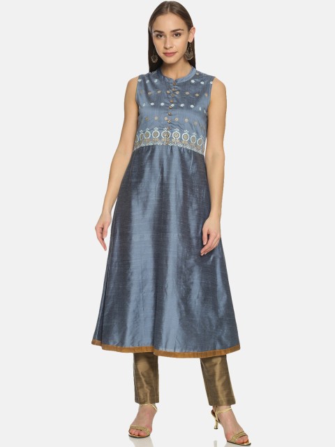 

Saffron Threads Women Grey & Gold Coloured Floral Embroidered Kurta with Trousers