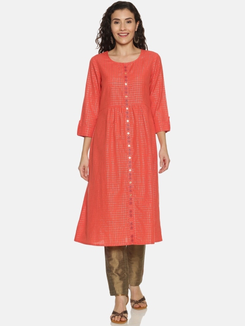 

Saffron Threads Women Coral & Gold Coloured Checked Pure Cotton Kurta with Trousers