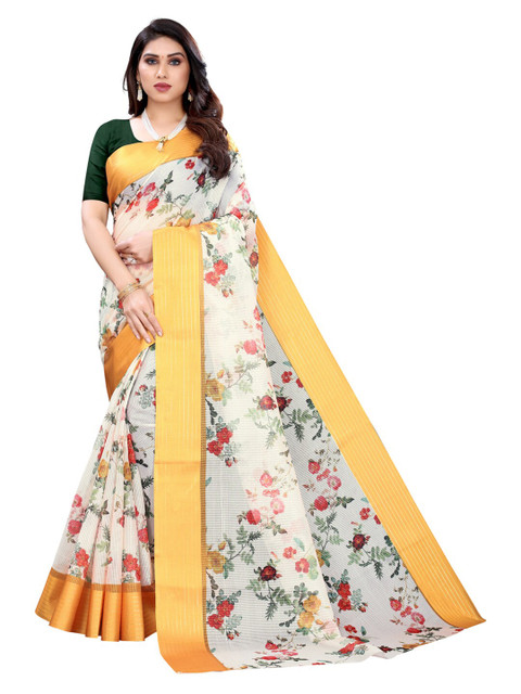 

KALINI Cream-Coloured & Yellow Floral Saree