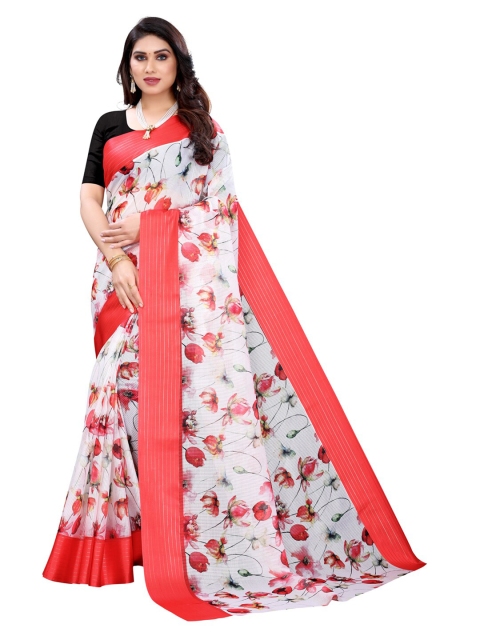 

KALINI White & Red Floral Zari Saree