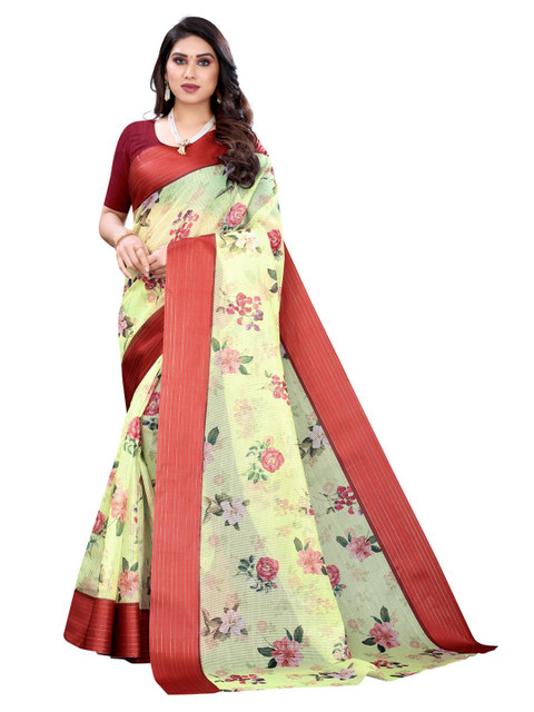 

KALINI Yellow & Red Floral Zari Saree