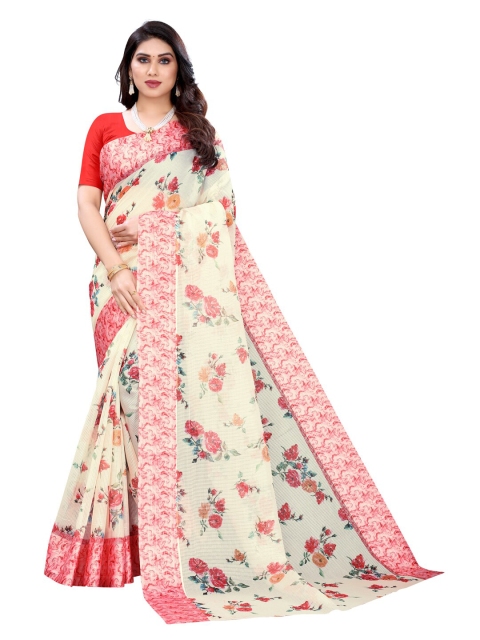 

KALINI Cream-Coloured & Pink Floral Saree
