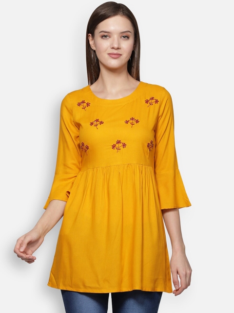 

Dipsha Mustard Yellow & Red Floral Yoke Design Flared Sleeves Handloom Kurti