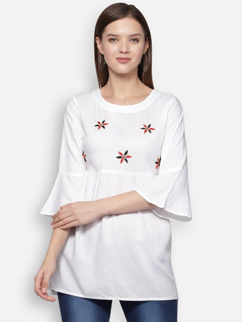 

Dipsha White & Red Floral Yoke Design Flared Sleeves Handloom Kurti