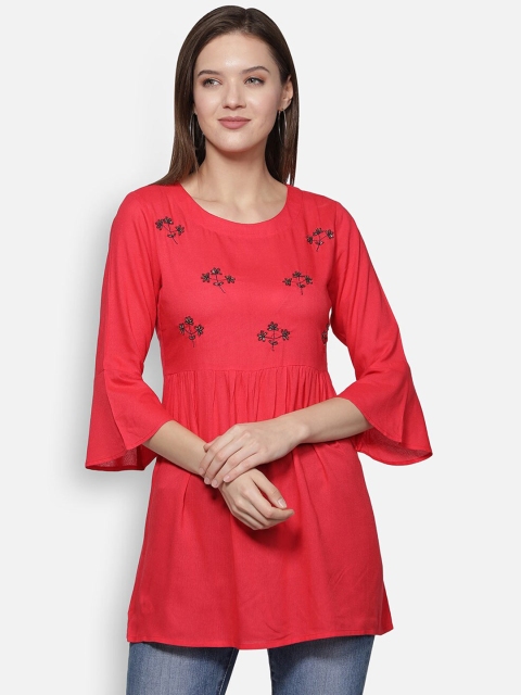 

Dipsha Pink & Black Floral Yoke Design Flared Sleeves Handloom Kurti