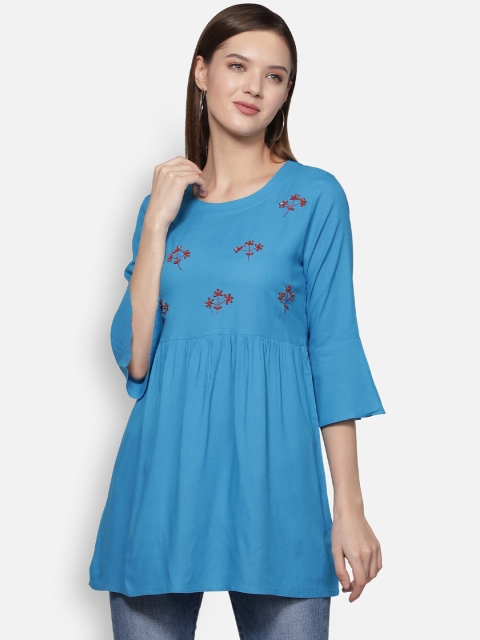 

Dipsha Turquoise Blue & Maroon Floral Yoke Design Flared Sleeves Handloom Kurti