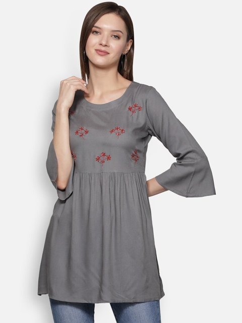 

Dipsha Grey & Red Floral Yoke Design Flared Sleeves Handloom Kurti
