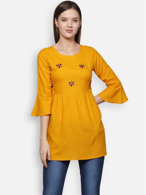

Dipsha Mustard Yellow & Red Floral Yoke Design Flared Sleeves Handloom Kurti