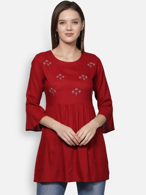 

Dipsha Maroon Floral Embroidered Flared Sleeves Thread Work Thread Work Kurti