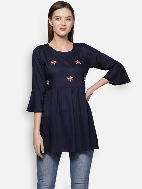 

Dipsha Women Navy Blue & Red Hand Embellished A-Line Short Kurti