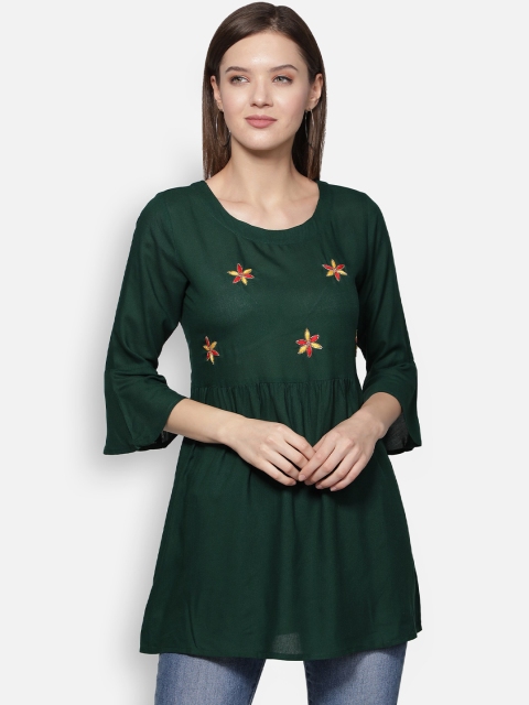 

Dipsha Green Floral Embroidered Flared Sleeves Thread Work Thread Work Kurti
