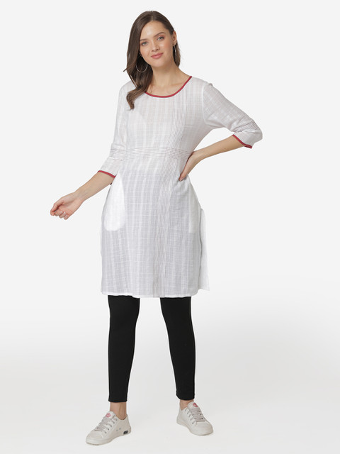 

Modriba Women White Striped Thread Work Cotton Kurta