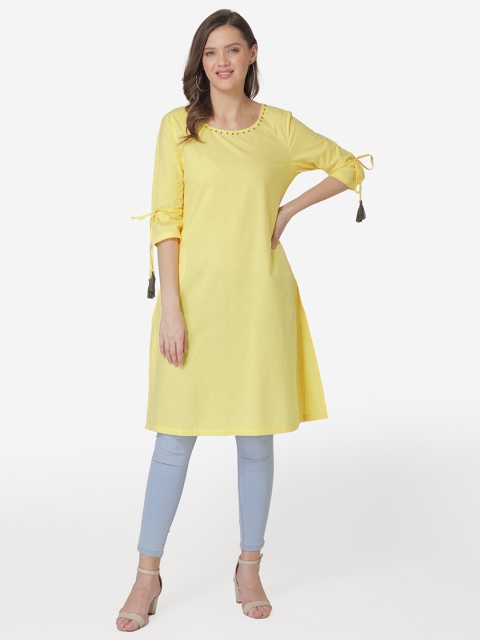 

Modriba Women Beaded Neck Yellow A-line Kurta