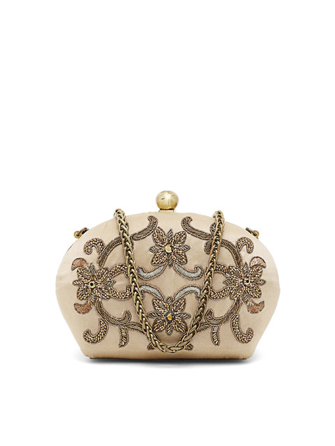 

PRACCESSORII Women Gold & Brown Embroidered Embellished Box Clutch