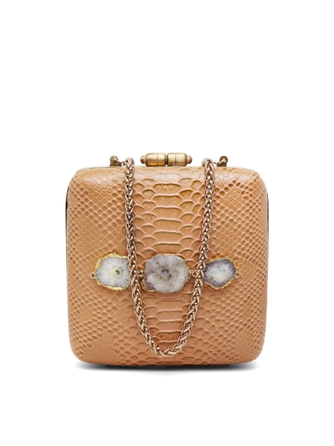 

PRACCESSORII Tan & Silver-Toned Embellished Box Clutch
