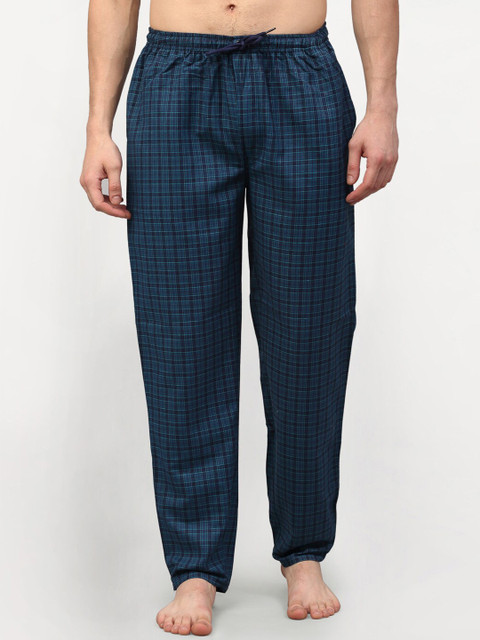 

JAINISH Men Blue & Black Checked Slim-Fit Pure Cotton Lounge Pants